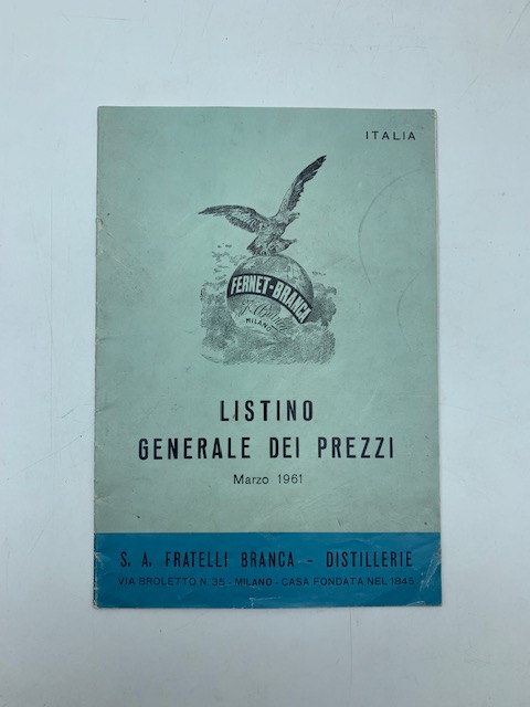 Fernet-Branca. Listino generale dei prezzi. Marzo 1961